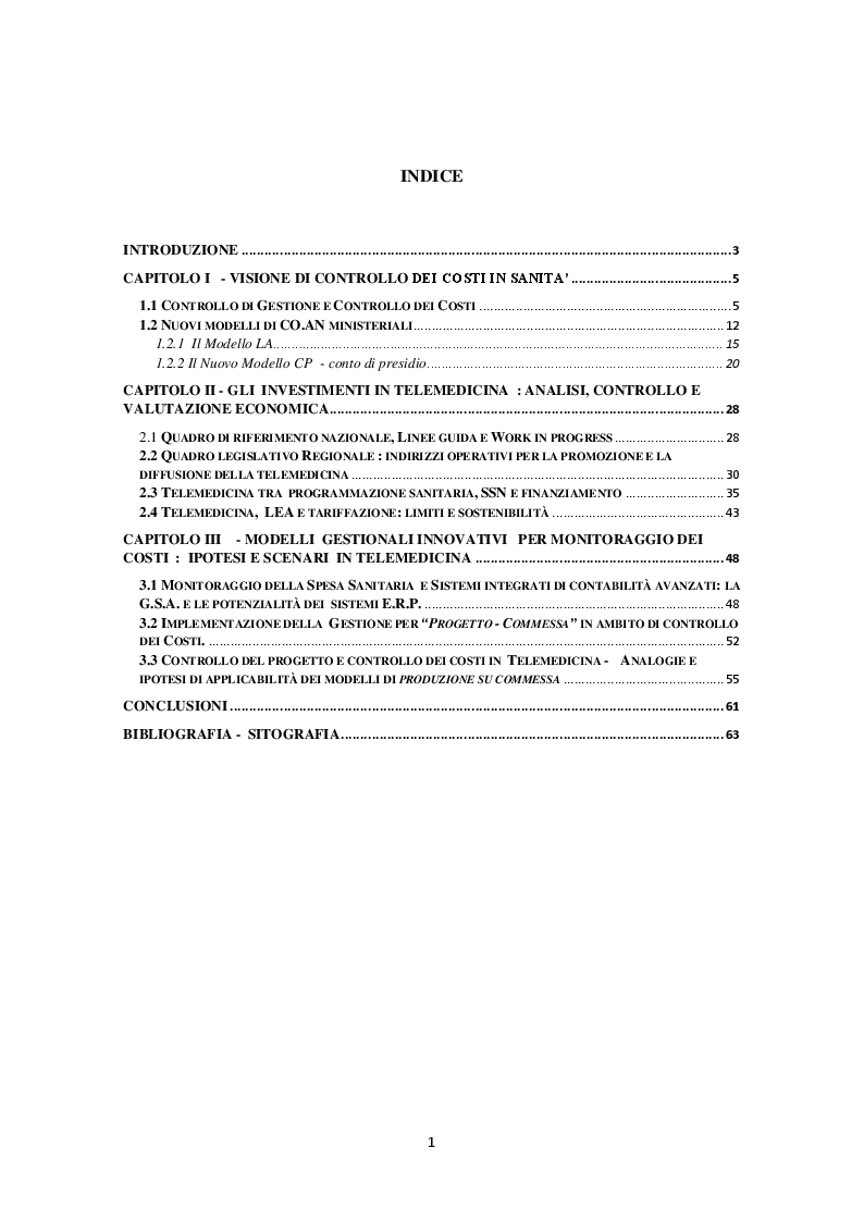 Indice della tesi: Gli strumenti di Controllo dei Costi nelle Aziende Pubbliche - Il caso della Telemedicina -, Pagina 1