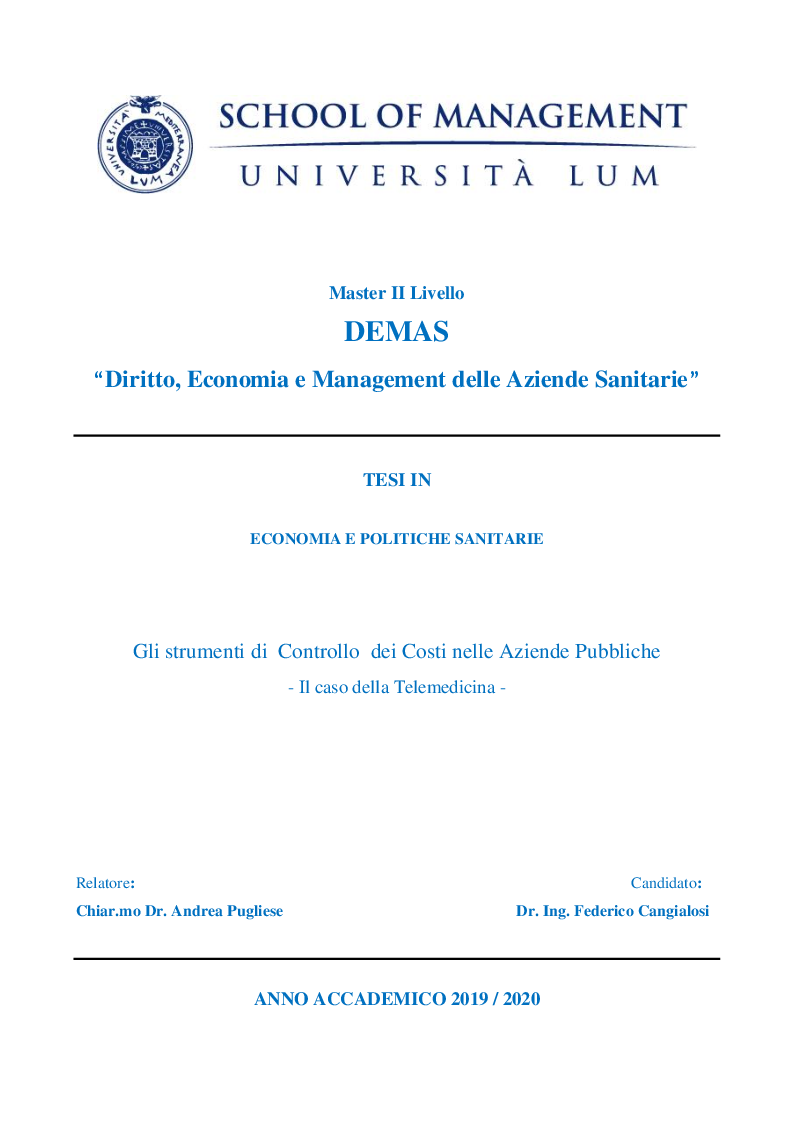Anteprima della tesi: Gli strumenti di Controllo dei Costi nelle Aziende Pubbliche - Il caso della Telemedicina -, Pagina 1
