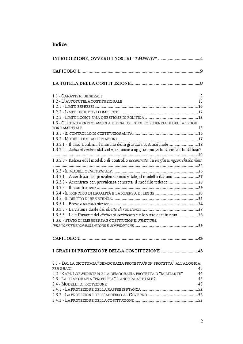 Indice della tesi: La democrazia protetta ed il paradigma securitario: verso un regresso costituzionale?, Pagina 1