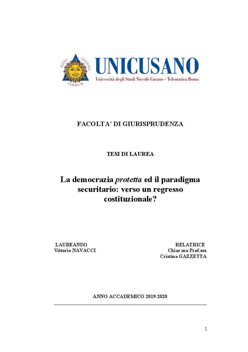 Anteprima della tesi: La democrazia protetta ed il paradigma securitario: verso un regresso costituzionale?, Pagina 1