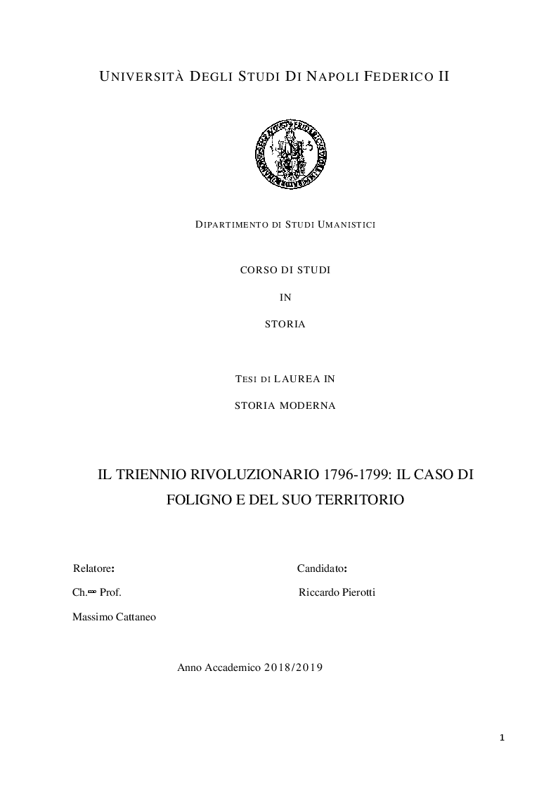 Anteprima della tesi: Il triennio rivoluzionario 1796-1799: il caso di Foligno e del suo territorio, Pagina 1