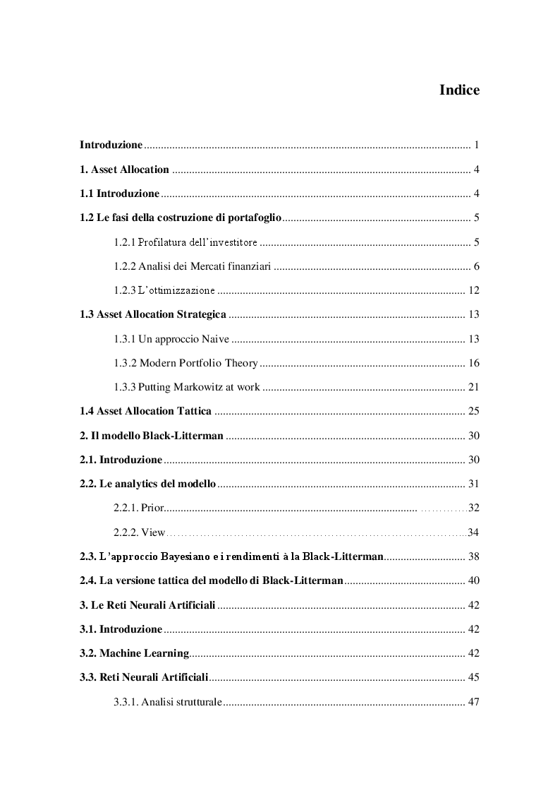 Indice della tesi: L'utilizzo dell'intelligenza artificiale nelle scelte di Asset Allocation Tattica, Pagina 1