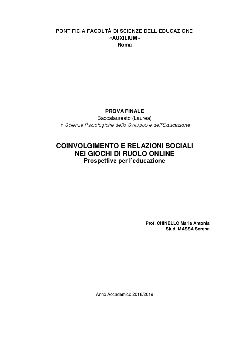 Anteprima della tesi: Coinvolgimento e relazioni sociali nei giochi di ruolo online. Prospettive per l’educazione, Pagina 1