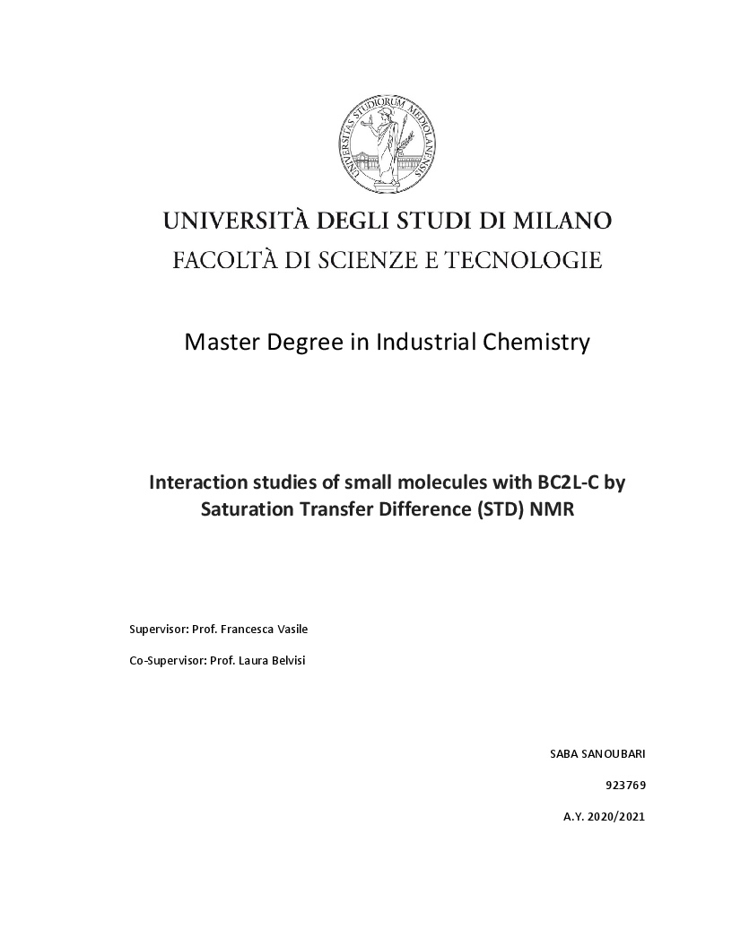Anteprima della tesi: Interaction studies of small molecules with BC2L-C by Saturation Transfer Difference (STD) NMR, Pagina 1