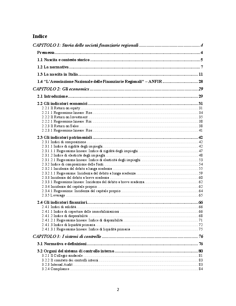 Indice della tesi: Corporate Governance e sistemi di controllo nelle società finanziarie regionali italiane, Pagina 1