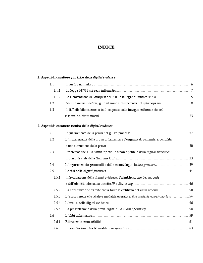 Indice della tesi: Digital Evidence e prova informatica, Pagina 1