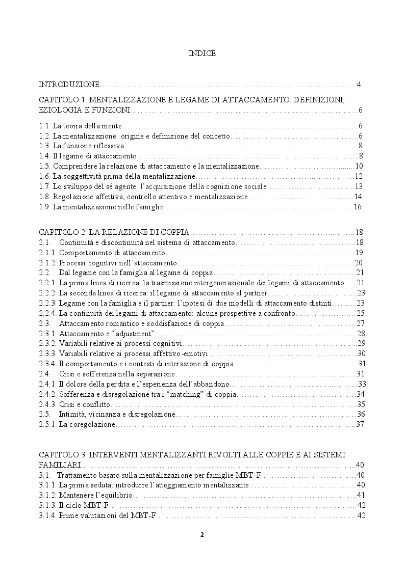 Indice della tesi: Mentalizzare in due: Interventi MBT per le coppie, Pagina 1