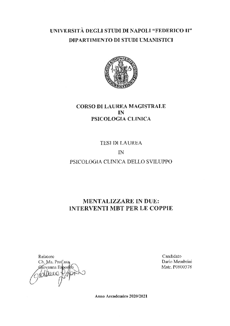Anteprima della tesi: Mentalizzare in due: Interventi MBT per le coppie, Pagina 1