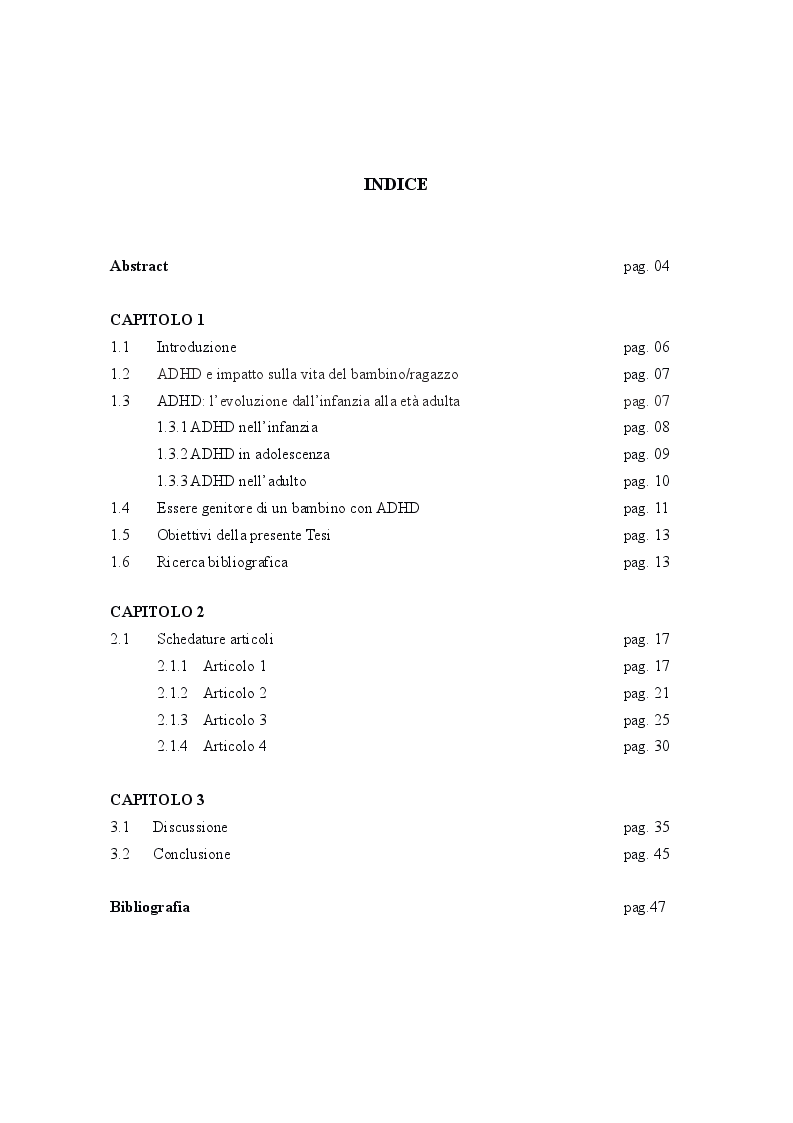 Indice della tesi: ADHD & Competenze di Parenting: alcuni contributi empirici, Pagina 1