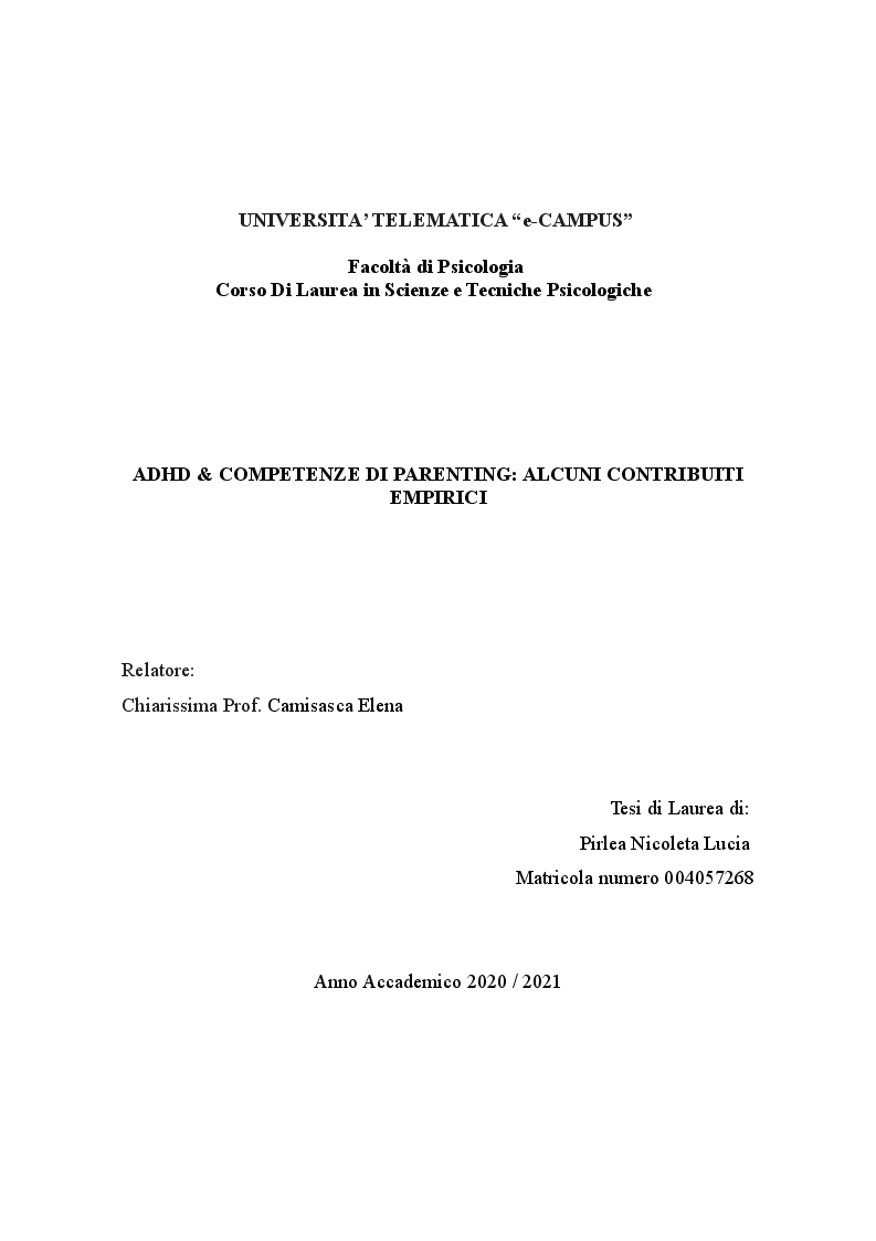 Anteprima della tesi: ADHD & Competenze di Parenting: alcuni contributi empirici, Pagina 1