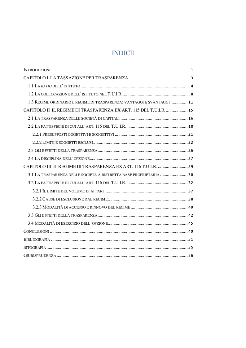 Indice della tesi: Il regime di trasparenza nelle società di capitali, Pagina 1