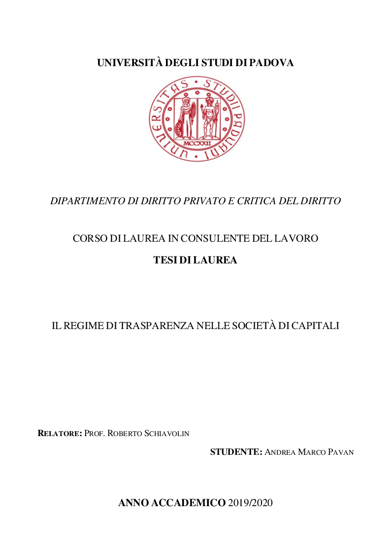 Anteprima della tesi: Il regime di trasparenza nelle società di capitali, Pagina 1