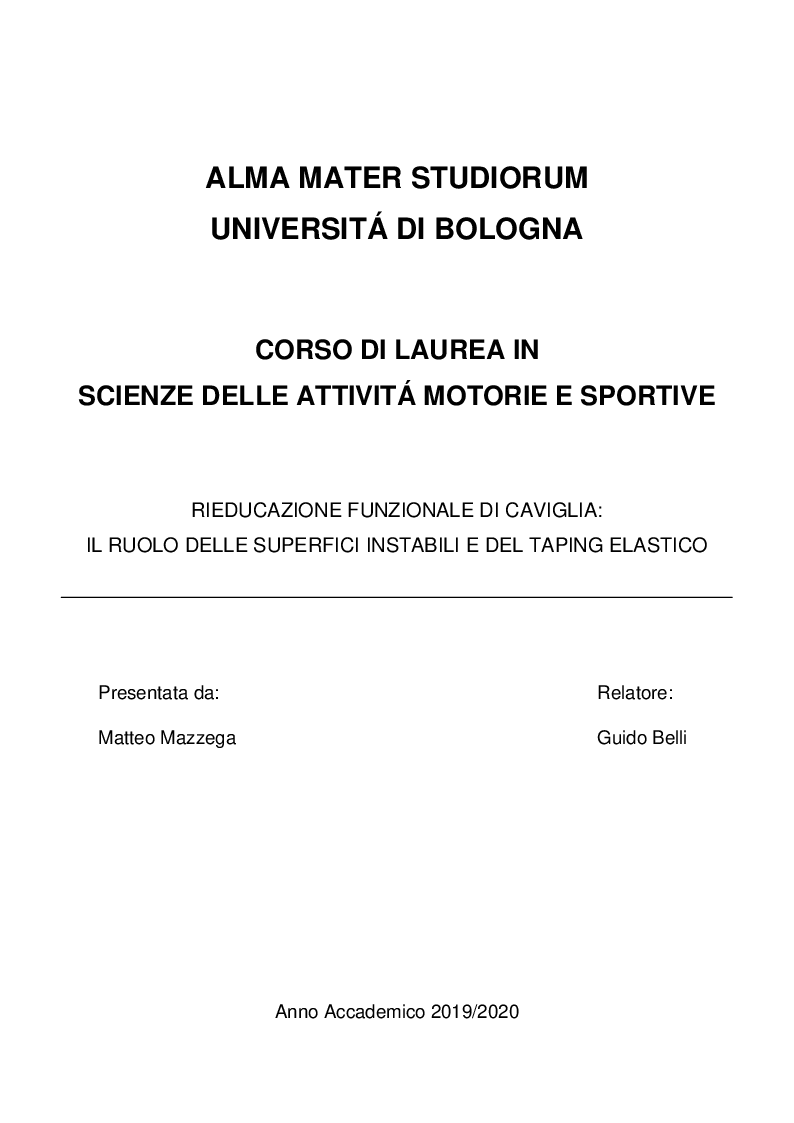 Anteprima della tesi: Rieducazione Funzionale di Caviglia: il ruolo delle superfici instabili e del taping elastico, Pagina 1