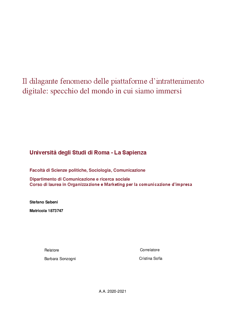 Anteprima della tesi: Il dilagante fenomeno delle piattaforme d’intrattenimento digitale: specchio del mondo in cui siamo immersi, Pagina 1