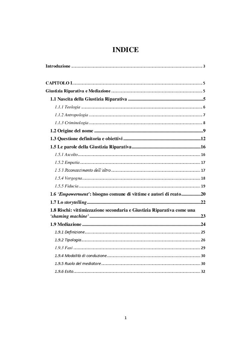 Indice della tesi: Una giustizia ''senza spada, senza benda e senza bilancia''. Giustizia riparativa e crimini di mafia, Pagina 1
