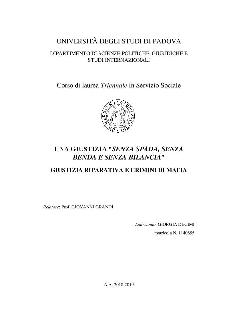 Anteprima della tesi: Una giustizia ''senza spada, senza benda e senza bilancia''. Giustizia riparativa e crimini di mafia, Pagina 1