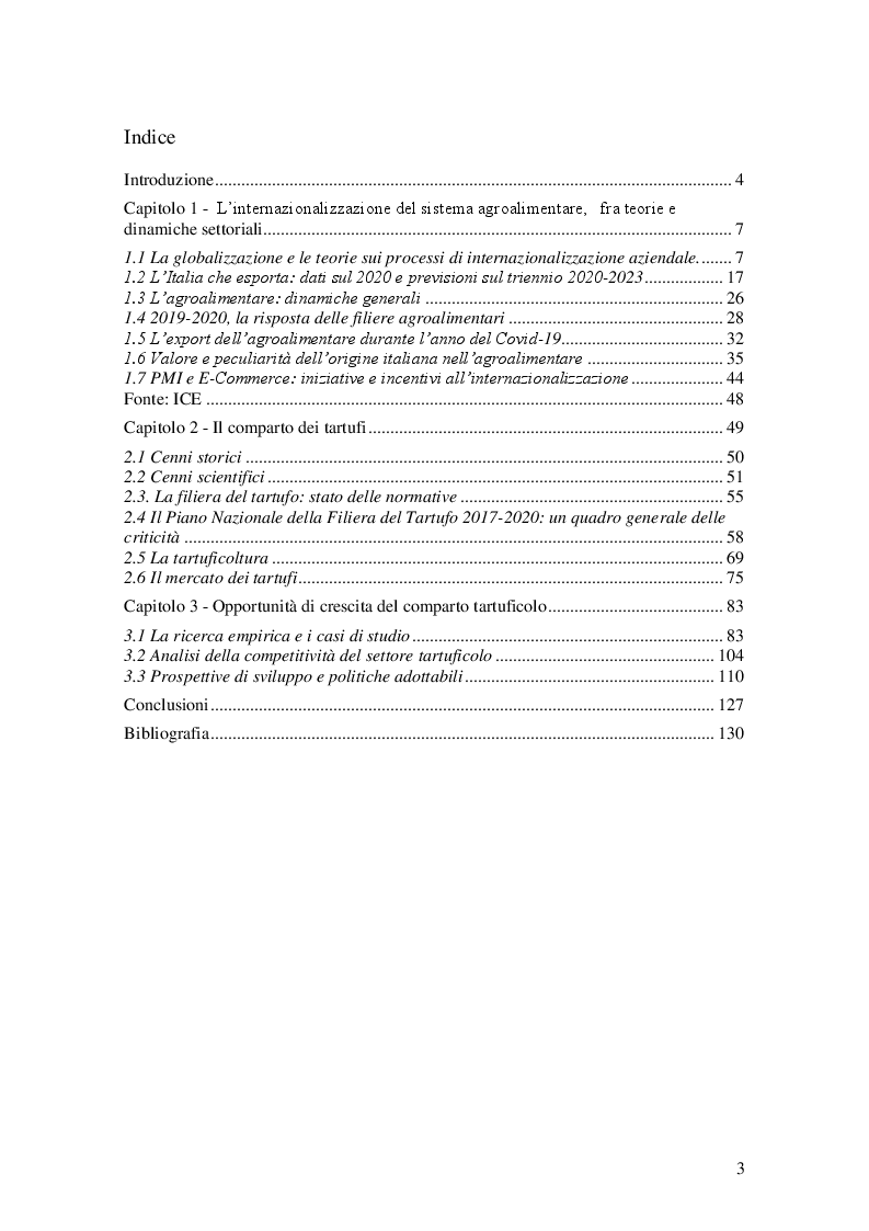 Indice della tesi: La filiera dei tartufi: limiti e opportunità di crescita in una prospettiva globale, Pagina 1