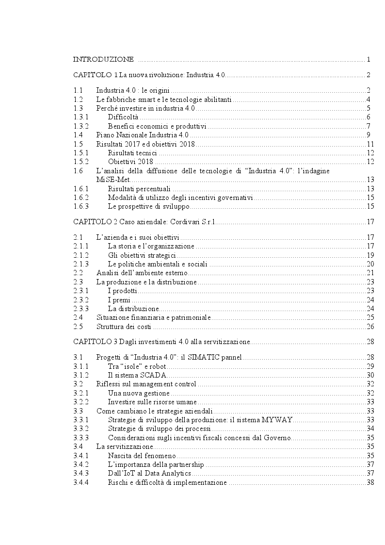 Indice della tesi: Industria 4.0 e Service Economy: il ruolo del Management Control. Il caso Cordivari S.R.L., Pagina 1