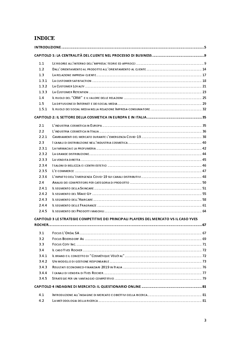Indice della tesi: Il valore della customer retention in un mercato competitivo: nuove strategie di fidelizzazione. Il settore della cosmetica. Analisi di un caso studio., Pagina 1