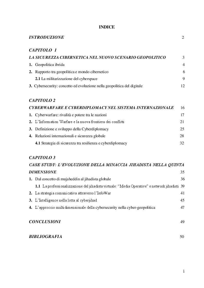 Indice della tesi: L'impatto della cybersecurity negli equilibri geopolitici: dalla cyberwarfare alla cyberdiplomacy, Pagina 1