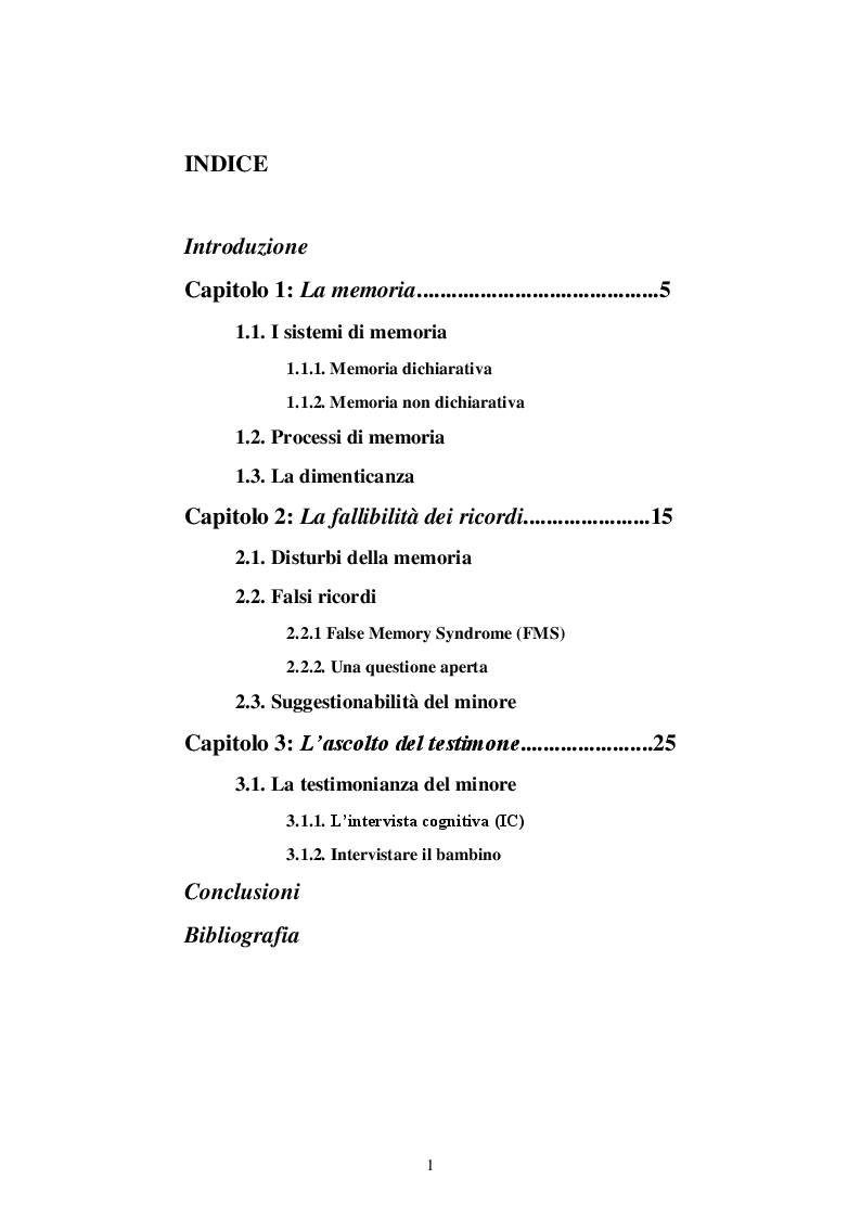 Indice della tesi: La memoria del testimone: la fallibilità dei ricordi nella testimonianza del minore, Pagina 1