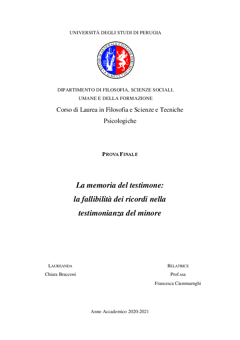 Anteprima della tesi: La memoria del testimone: la fallibilità dei ricordi nella testimonianza del minore, Pagina 1