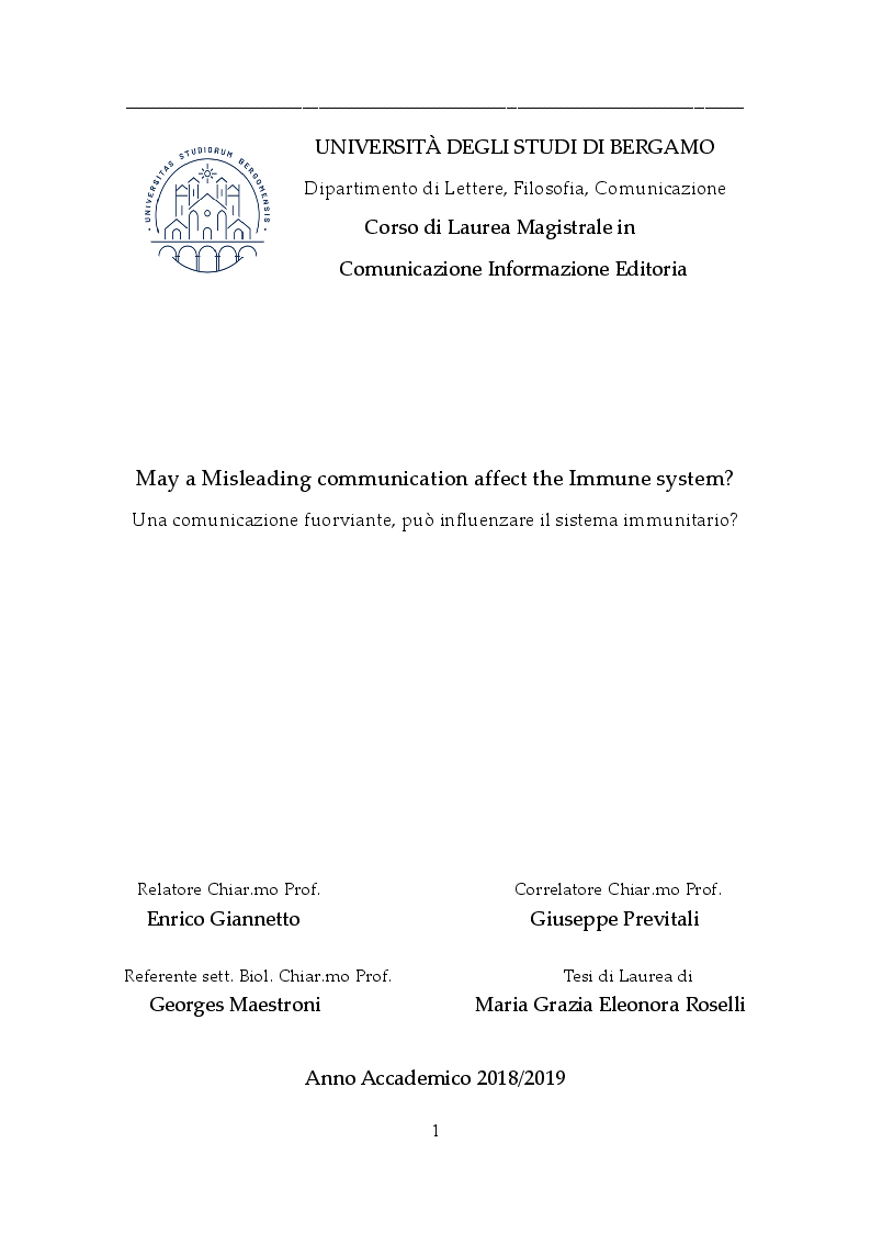 Anteprima della tesi: May a Misleading communication affect the Immune system? Una comunicazione fuorviante, può influenzare il sistema immunitario?, Pagina 1