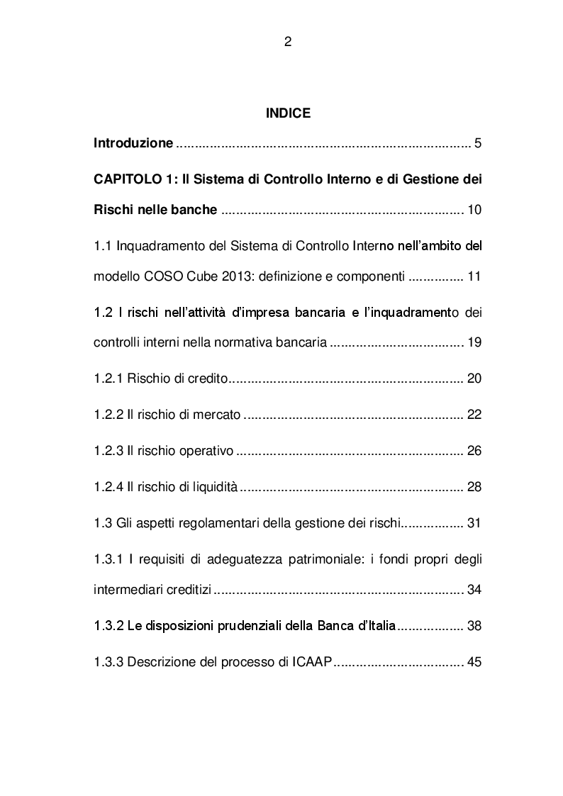 Indice della tesi: I meccanismi di funzionamento dell'Internal Audit nelle banche quotate incluse nell'indice FTSE MIB di Borsa Italiana, Pagina 1