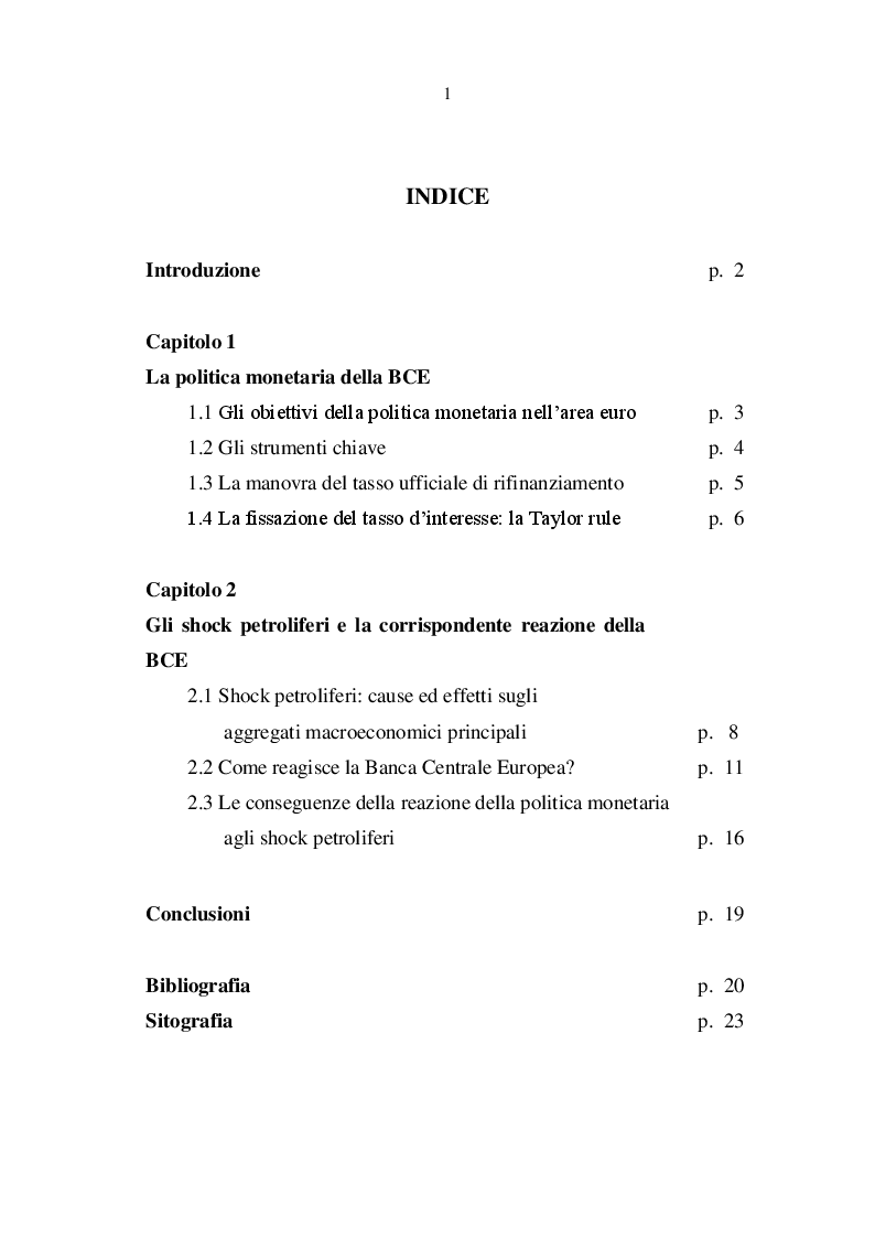 Indice della tesi: La politica monetaria della BCE e la sua reazione agli shock petroliferi, Pagina 1