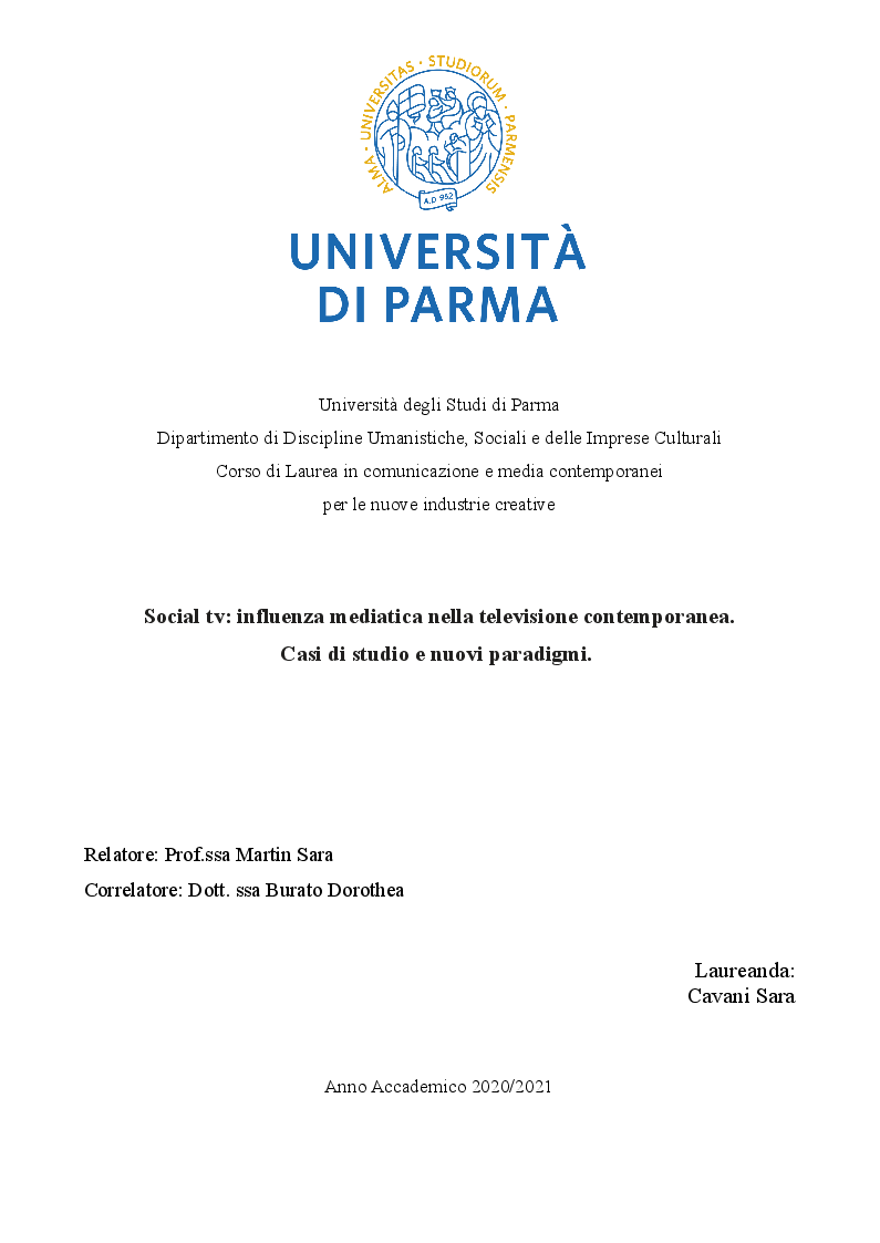 Anteprima della tesi: Social tv: influenza mediatica nella televisione contemporanea. Casi di studio e nuovi paradigmi., Pagina 1