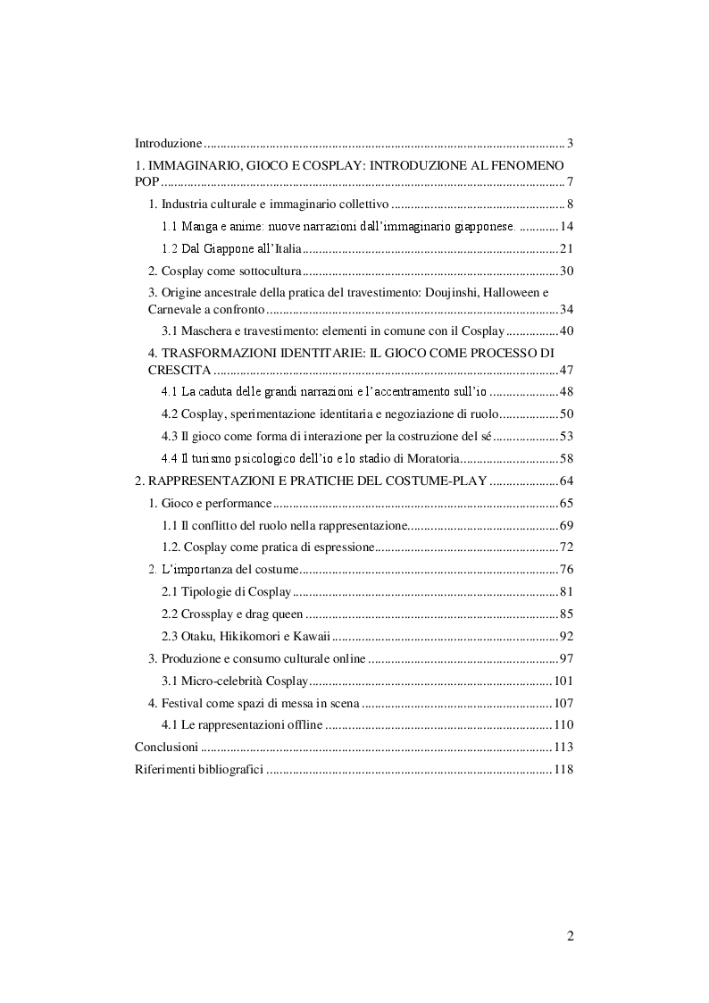 Indice della tesi: COSPLAY - Immaginario e rappresentazioni di un fenomeno contemporaneo, Pagina 1