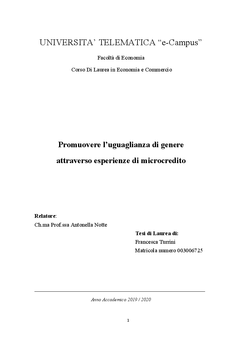 Anteprima della tesi: Promuovere la parità di genere attraverso esperienze di microcredito, Pagina 1