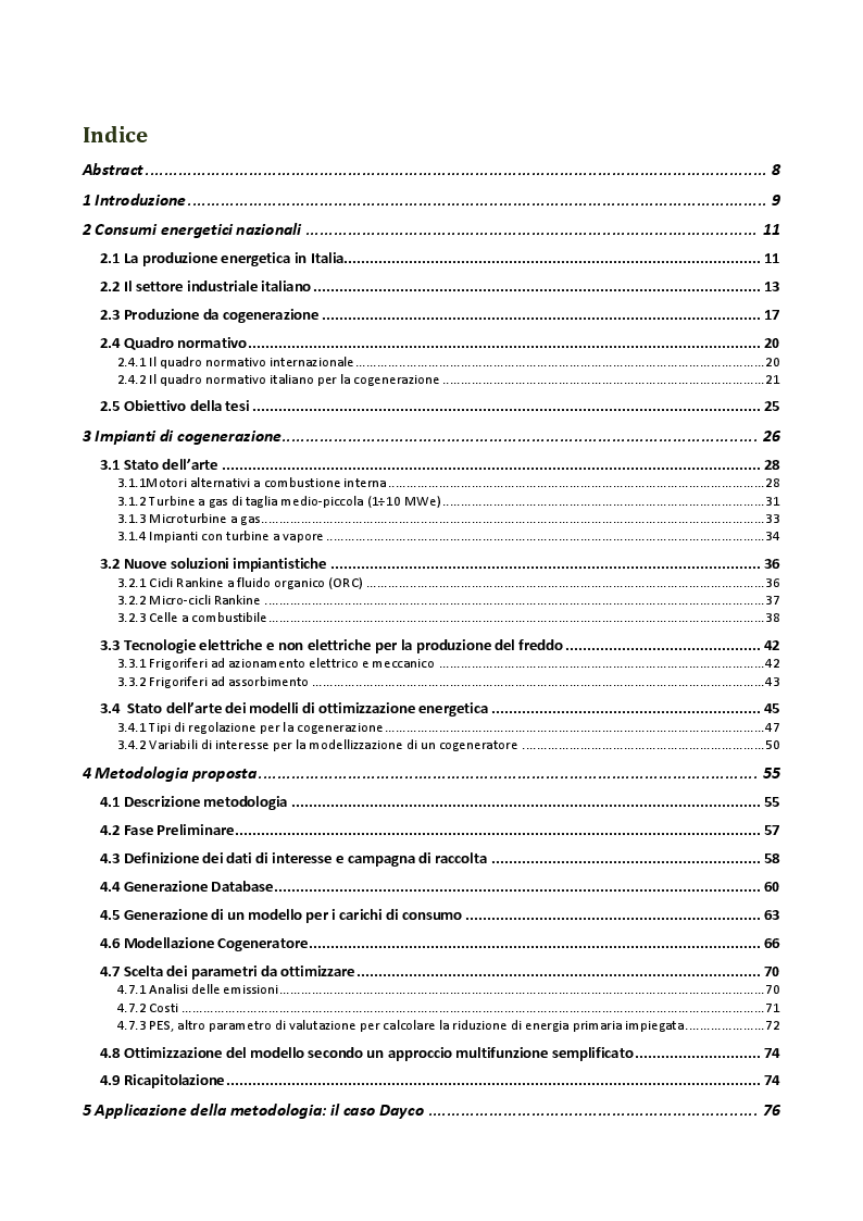 Indice della tesi: Analisi economico-ambientale e modellizzazione del funzionemento di un sistema di trigenerazione per il raggiungimento dell'ottimo industriale: Il caso Dayco, Pagina 1