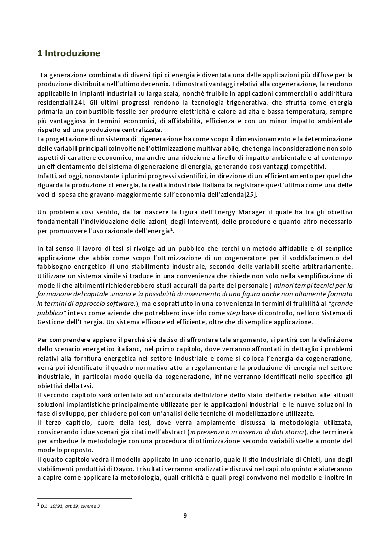 Anteprima della tesi: Analisi economico-ambientale e modellizzazione del funzionemento di un sistema di trigenerazione per il raggiungimento dell'ottimo industriale: Il caso Dayco, Pagina 3