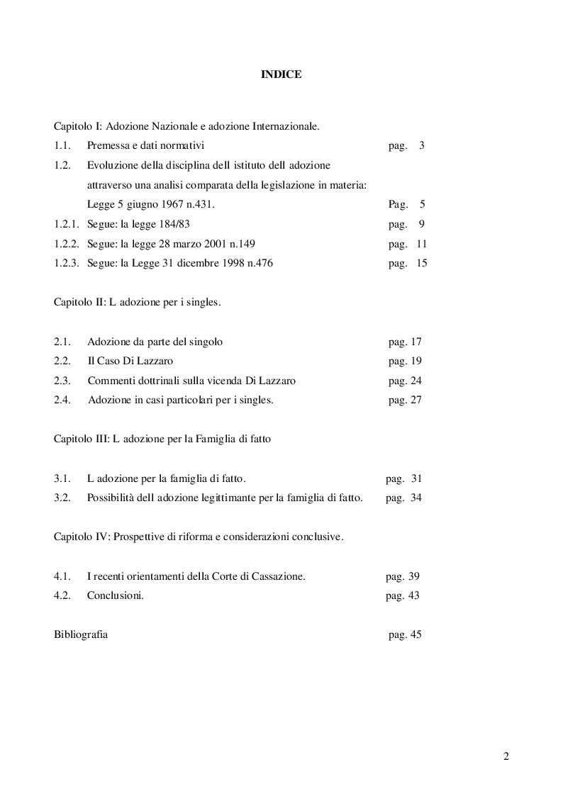 Indice della tesi: L'Adozione dei singles e della Famiglia di fatto, Pagina 1