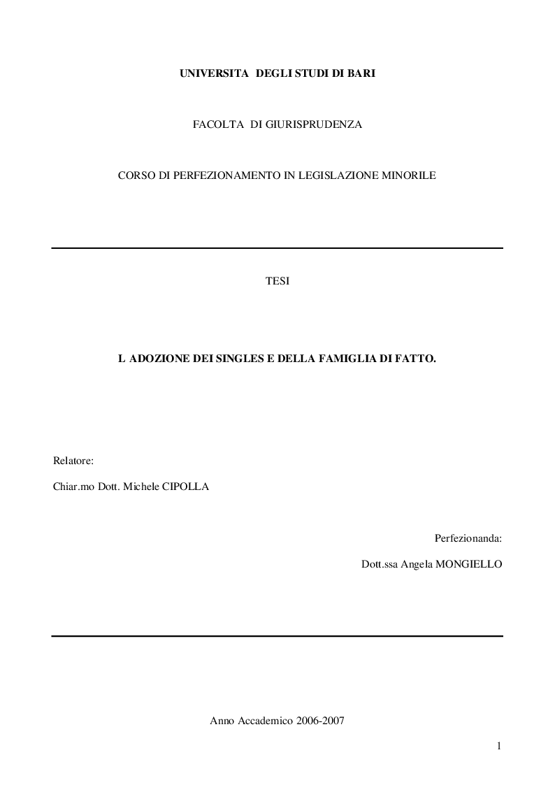 Anteprima della tesi: L'Adozione dei singles e della Famiglia di fatto, Pagina 1