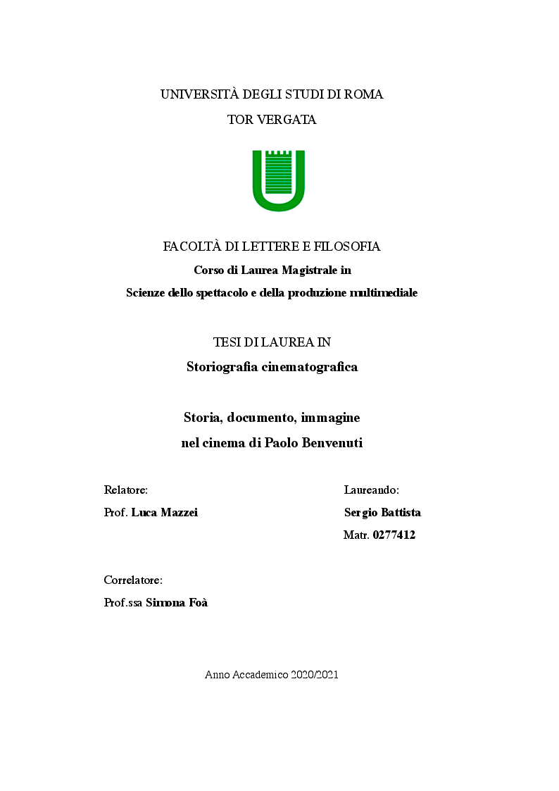 Anteprima della tesi: Storia, documento, immagine nel cinema di Paolo Benvenuti, Pagina 1