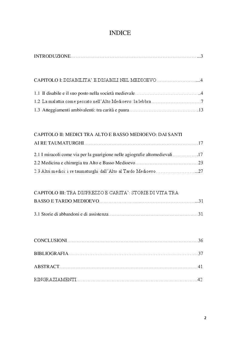 Indice della tesi: Disabilità nel medioevo: tra discriminazioni e falsi miti, Pagina 1