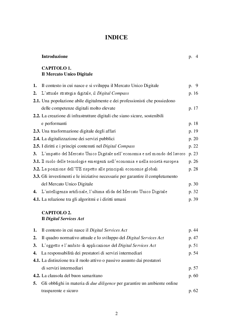 Indice della tesi: L'evoluzione del mercato unico digitale attraverso il Digital Services Act e il Digital Markets Act, Pagina 1
