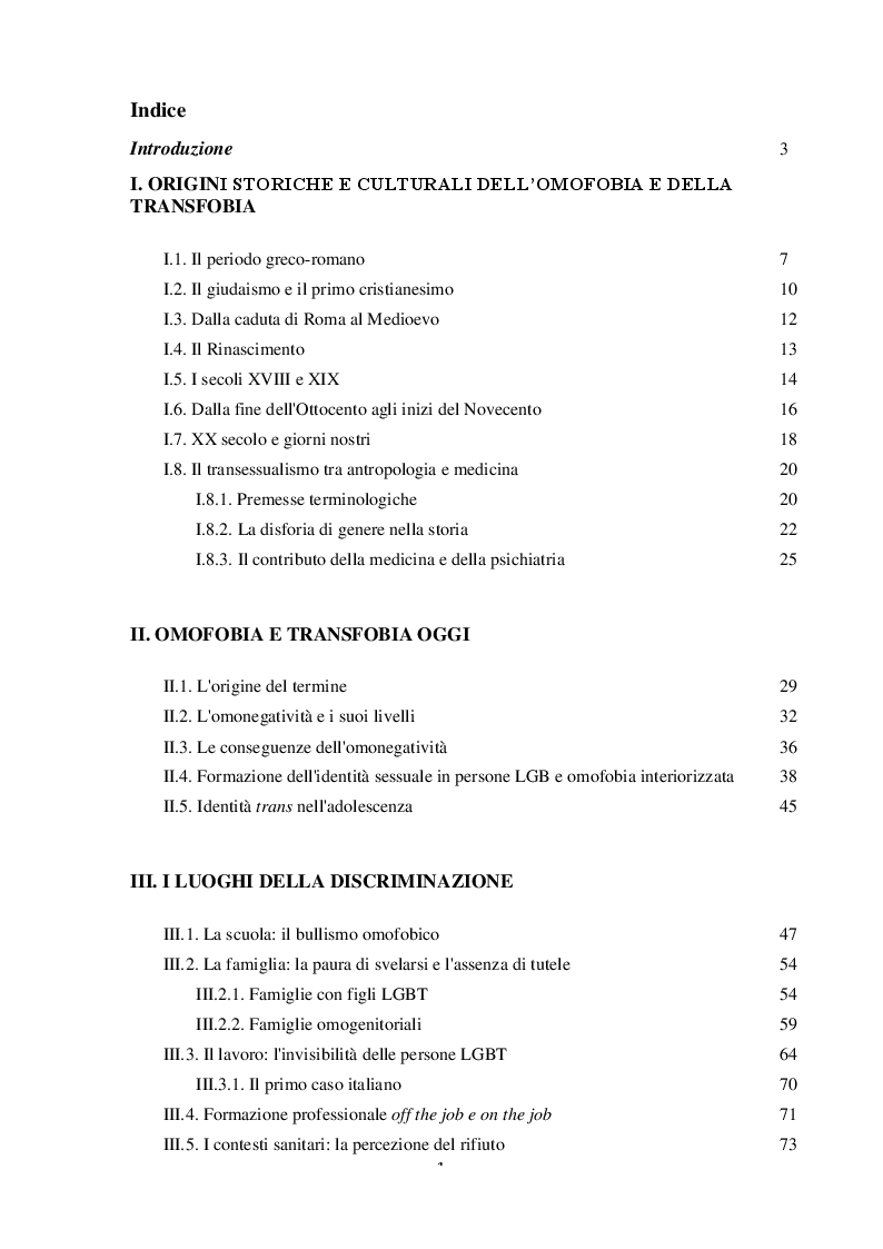 Indice della tesi: Omofobia: verso una pedagogia dell'inclusione - Analisi de fenomeni discriminatori e proposte d'intervento, Pagina 1