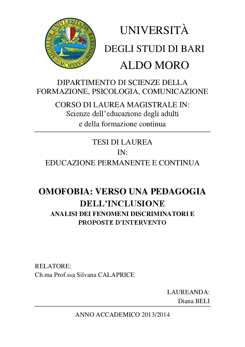 Anteprima della tesi: Omofobia: verso una pedagogia dell'inclusione - Analisi de fenomeni discriminatori e proposte d'intervento, Pagina 1