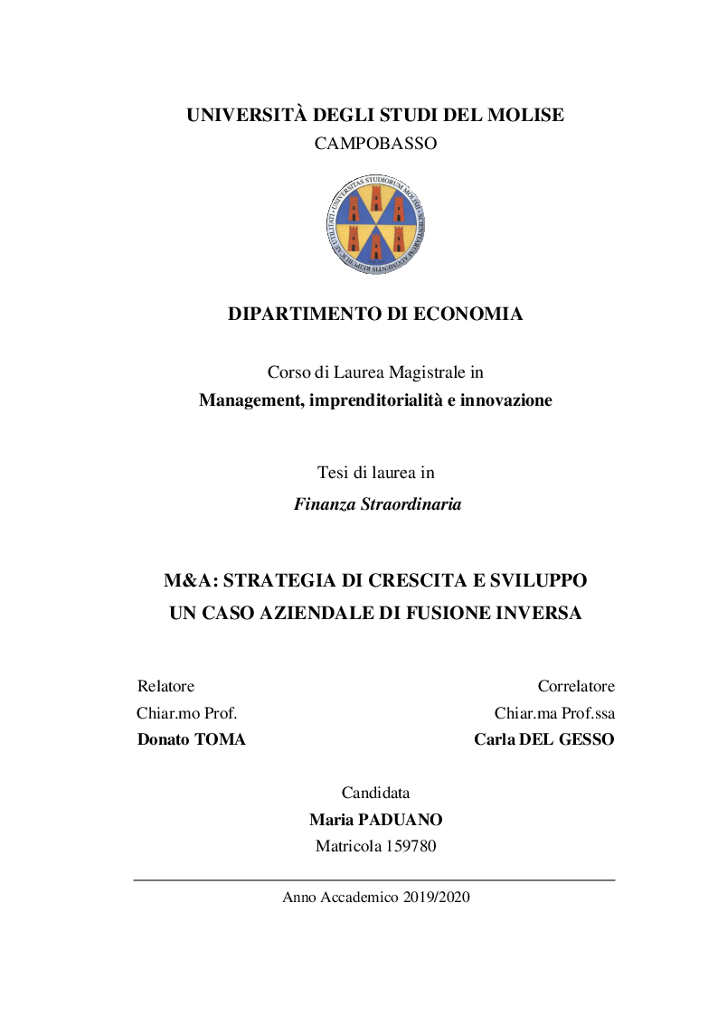 Anteprima della tesi: M&A: Strategia di crescita e sviluppo. Un caso di fusione inversa., Pagina 1