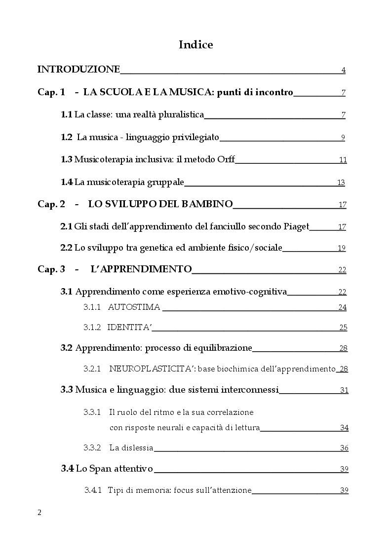 Indice della tesi: La musicoterapia entra in classe, Pagina 1