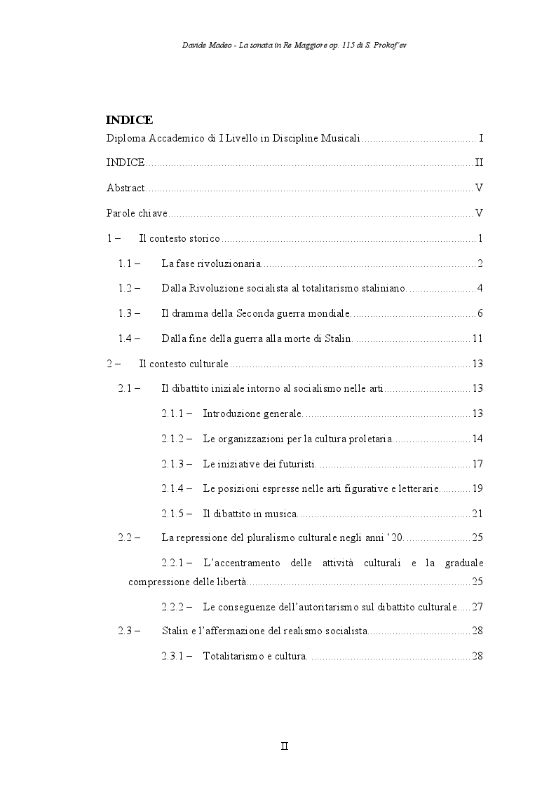 Indice della tesi: La Sonata per violino solo op. 115 di S. Prokof'ev, Pagina 1