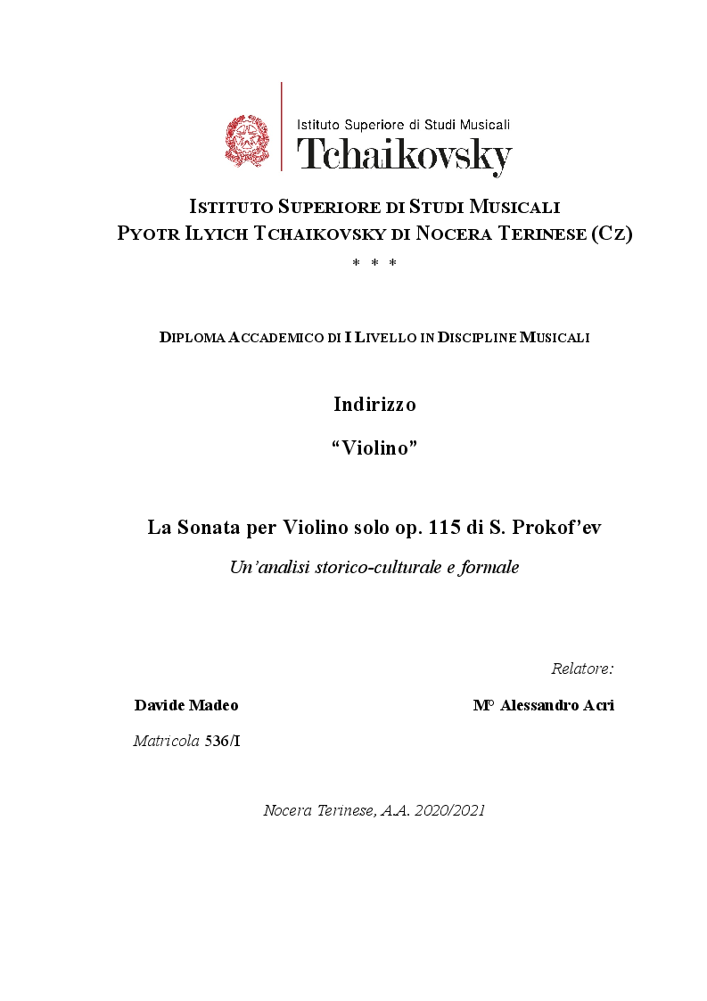 Anteprima della tesi: La Sonata per violino solo op. 115 di S. Prokof'ev, Pagina 1