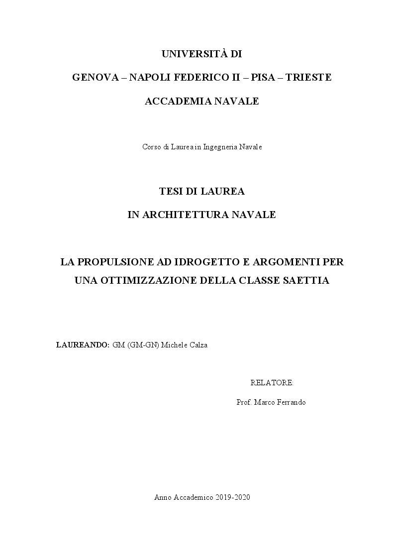 Anteprima della tesi: La propulsione ad idrogetto e argomenti per una ottimizzazione della classe Saettia, Pagina 1