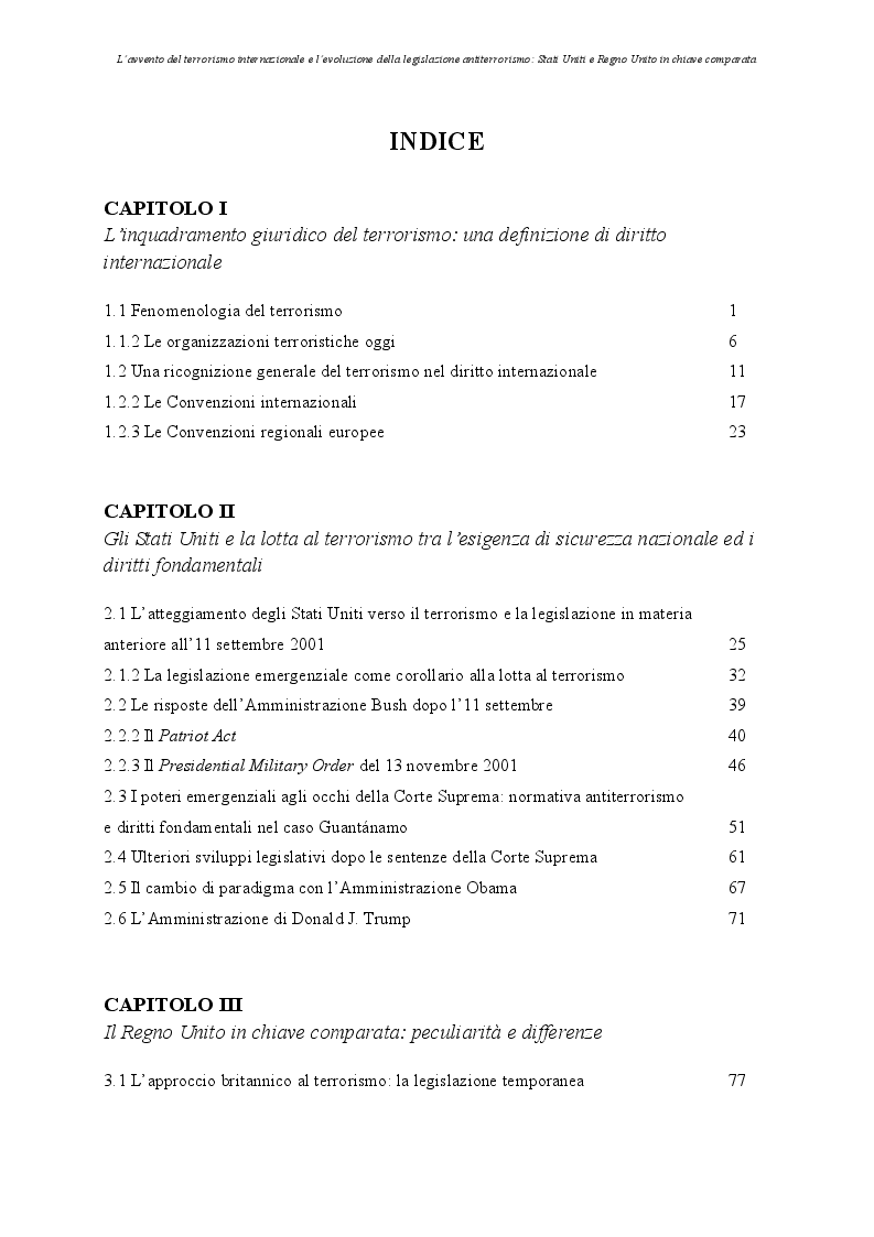 Indice della tesi: L'avvento del terrorismo internazionale e la legislazione antiterrorismo: Stati Uniti e Regno Unito in chiave comparata, Pagina 1