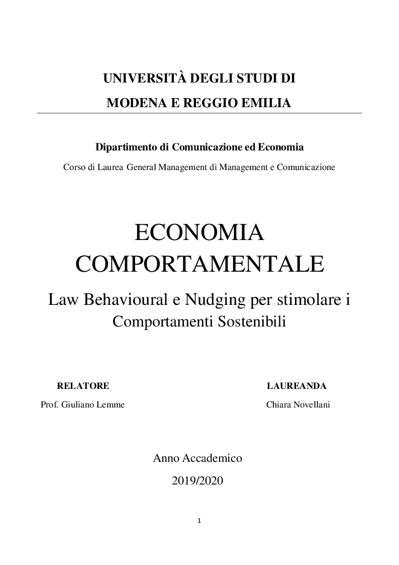 Anteprima della tesi: Economia Comportamentale. Law Behavioural e Nudging per stimolare i Comportamenti Sostenibili, Pagina 1