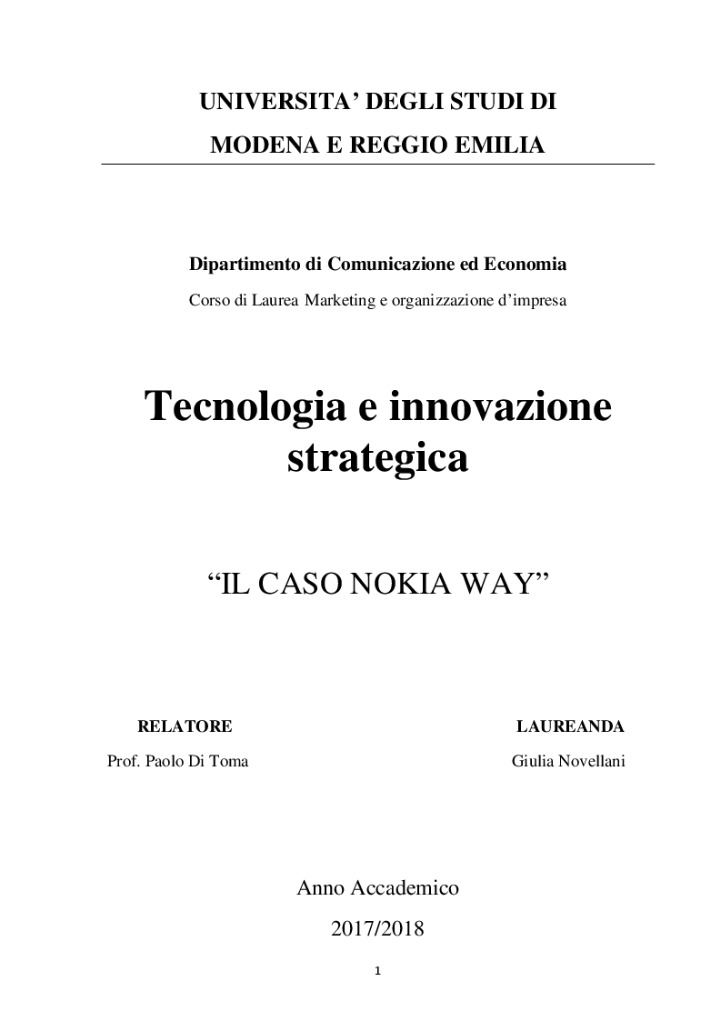 Anteprima della tesi: Tecnologia e innovazione strategica. ''Il caso Nokia Way'', Pagina 1