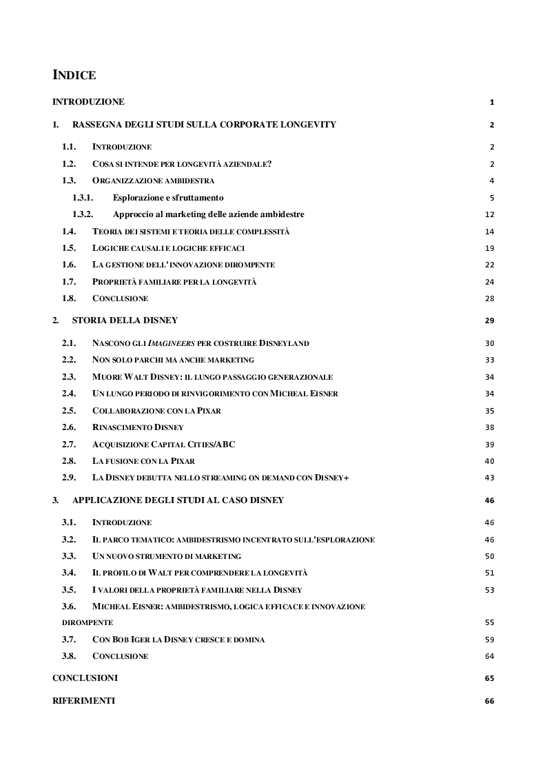 Indice della tesi: Corporate Longevity: Il caso Disney, Pagina 1